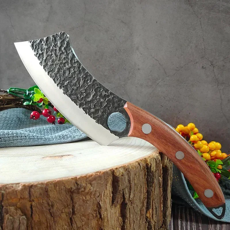 Kitchen Knives Cleaver Meat Chopping Vegetables Butcher Boning Knives Wood Handle Chef Knife Hand Forged Blade with Finger Hole