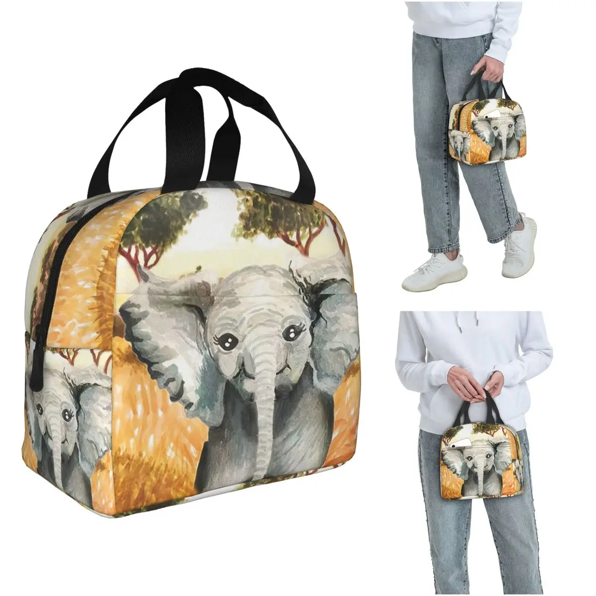 Elephant In The Field Insulated Lunch Bag for Women Kids Portable Food Boxes Thermal Lunch Box Tote