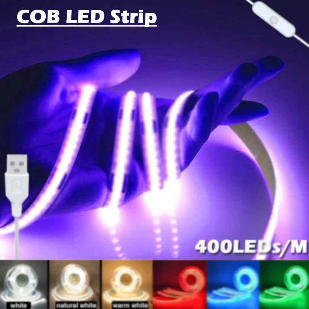 

USB 5V FCOB LED Strip Light 400LEDs/M LED Strip High-Density Flexible COB Led Light Tape RA90 Warm Cool White
