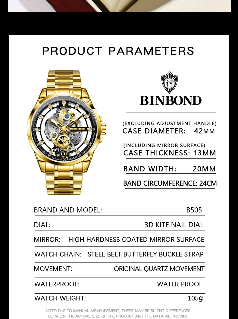 BINBOND Brand 505 Fashionable Luxury Non Mechanical Hollow Men's Quartz Watch Waterproof Night Light Men's Quartz Watch 2025