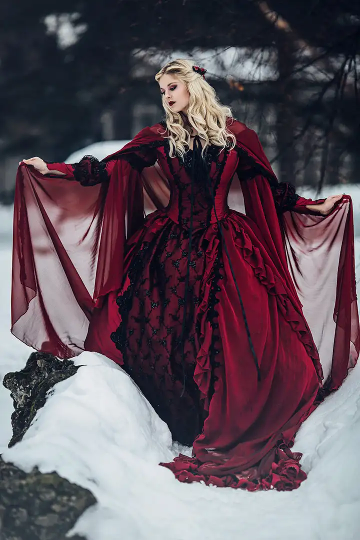 Vestido de novia gótico de la Bella Durmiente, princesa Medieval, rojo y negro, vestido de baile de novia, manga larga, Apliques de encaje, vestidos victorianos