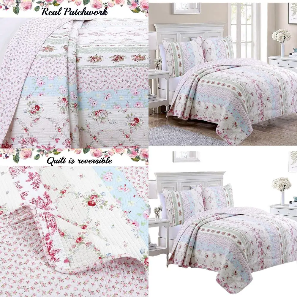 

Pink Floral Cotton Patchwork Reversible Quilt Set, Shabby Chic Bedspread, Twin Size (2-Piece)