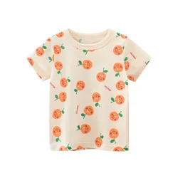 T-shirt en coton imprimé orange pour enfants, vêtements pour tout-petits, vêtements pour bébés filles, mignon, doux, haut d'été basique, tenue pour enfants, 2-8T