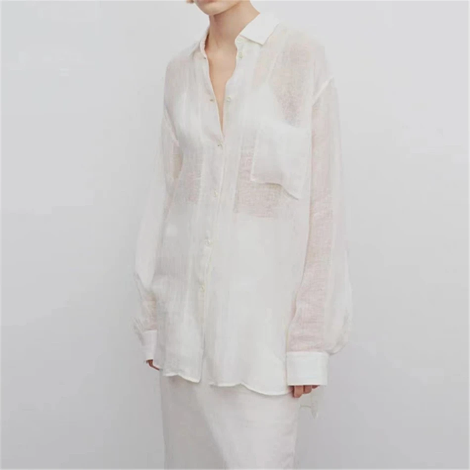 

T/R White Linen Shirts For Women Super Soft And Breathable Long Sleeve Shirts 2025 New Luxury Design Women's Clothing ﻿