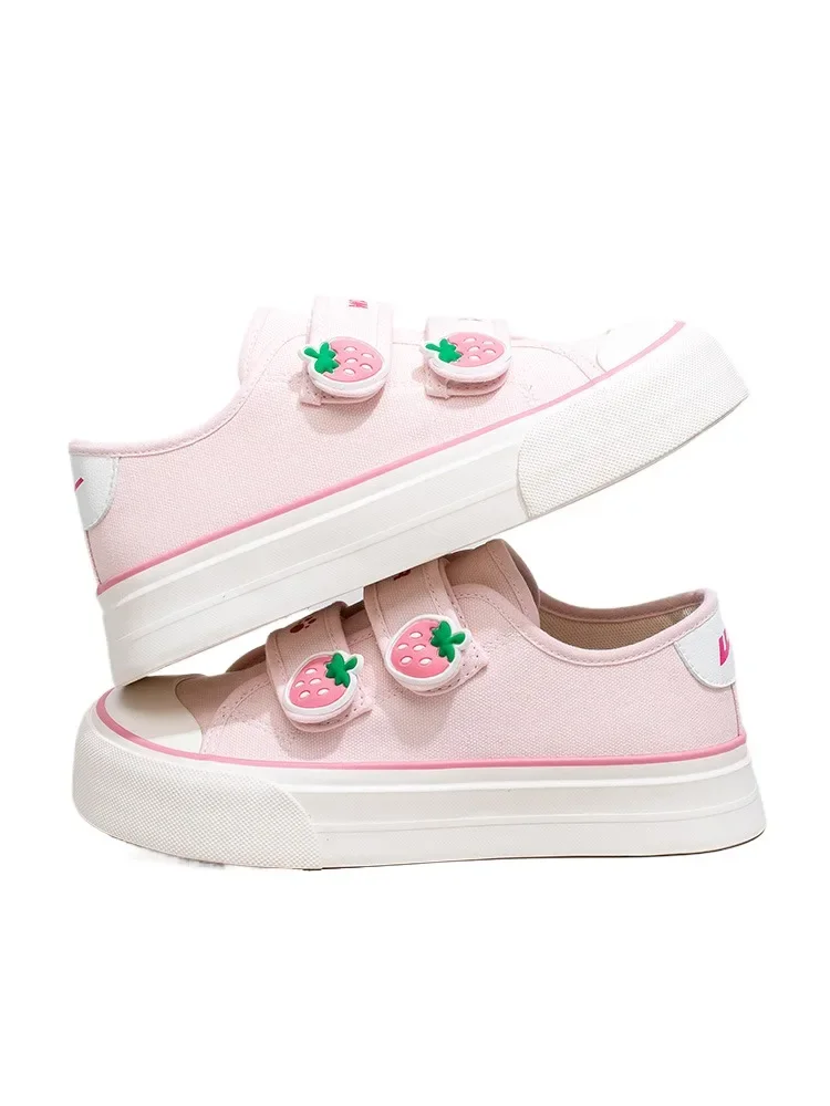 Strawberry Powder Canvas Shoes For Women 2025 New Summer Breathable Thick Soled Board Shoes For Students Versatile Big Toe Shoes