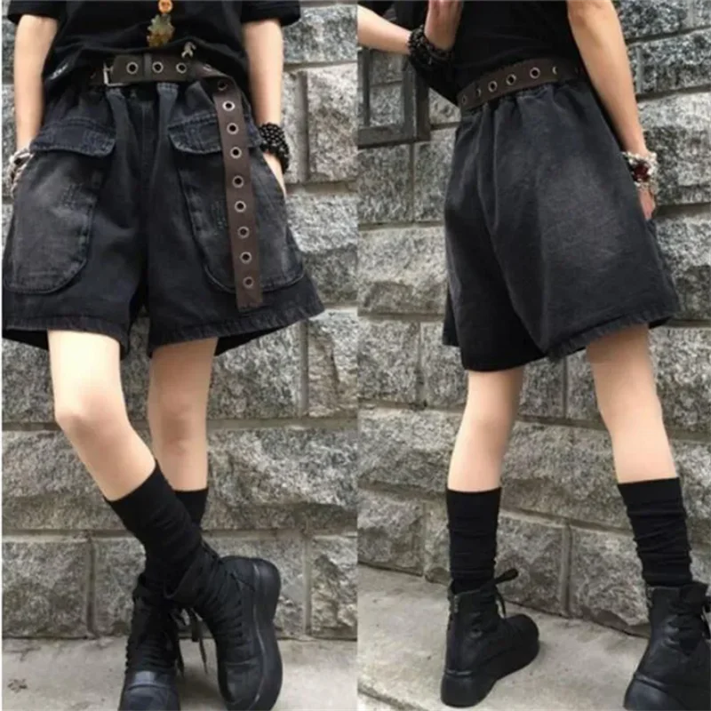 คาวบอยกางเกงขาสั้นขากว้างผู้หญิง Elastic High เอวหลวมกางเกงขาสั้นขากว้าง DENIM ฤดูร้อนหลวมบางกระเป๋ากางเกงป่า