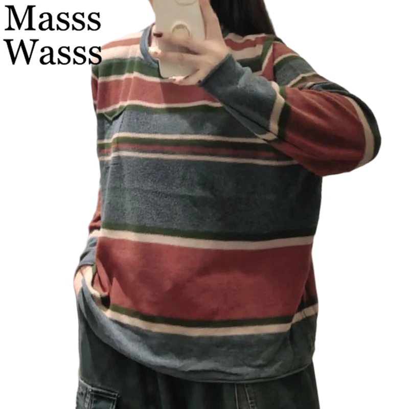 

Masss Wasss 2025 Warm Fashion Pullover Womens Classic Loose Vintage Striped O-neck Sweaters Ladies Elegant Casual Cotton Jumpers