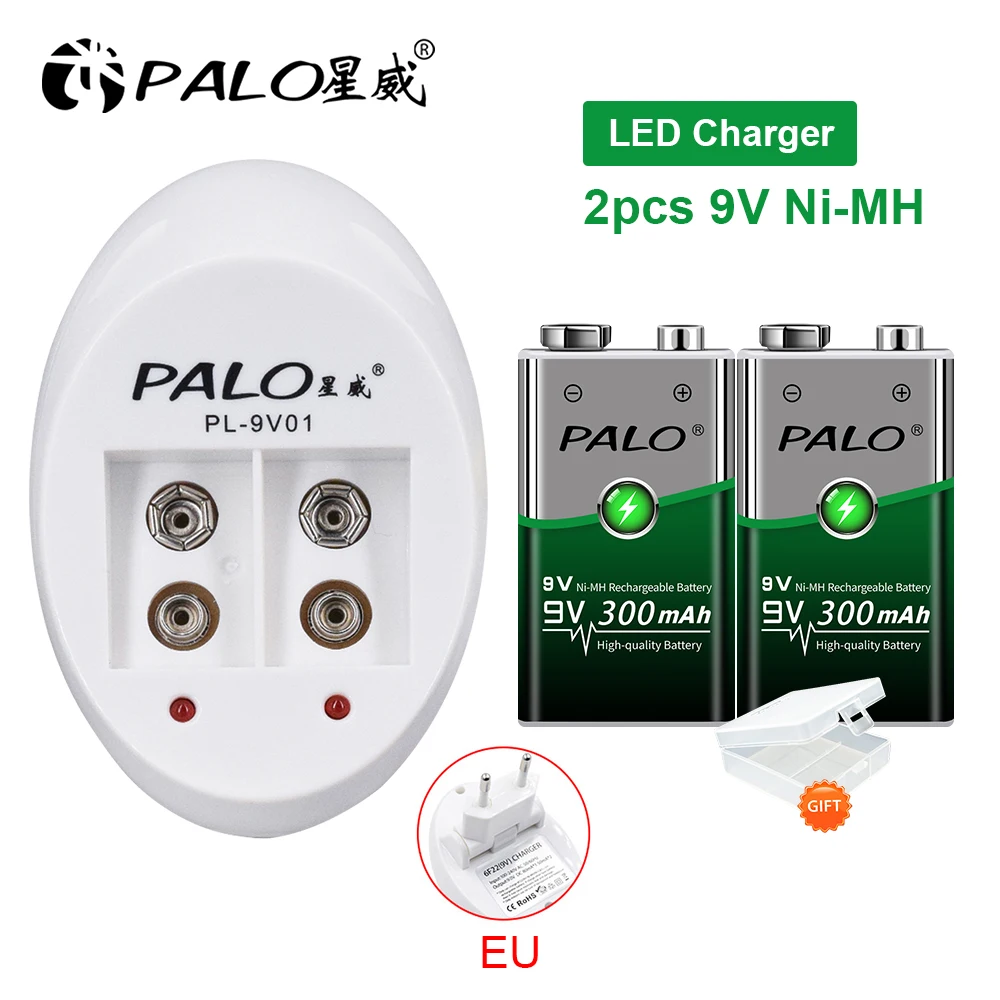 PALO 9V Ni-MH Rechargeable Battery 6F22 NIMH 300mAh 9V Batteries with 9V Battery Charger for 6F22 9V Ni-CD Ni-MH Li-ion battery