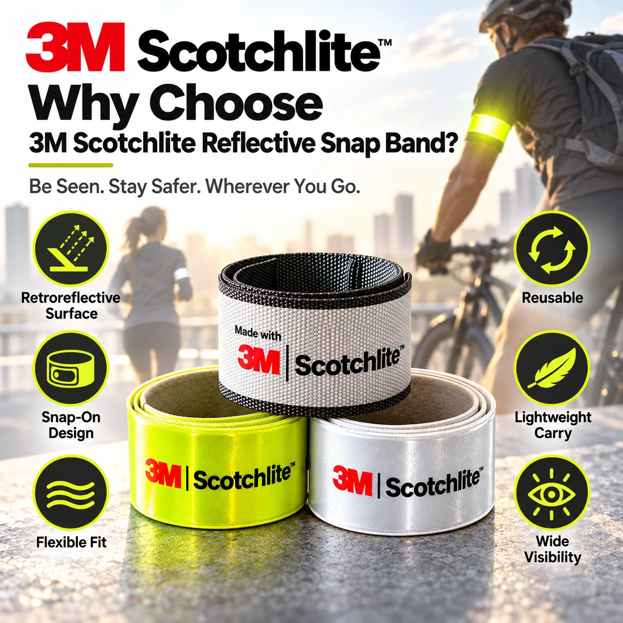 3M Scotchlite Reflective Snap Band High Visibility Reusable For Night Running Cycling Walking Wrist Arm Ankle 1PC 2PCS