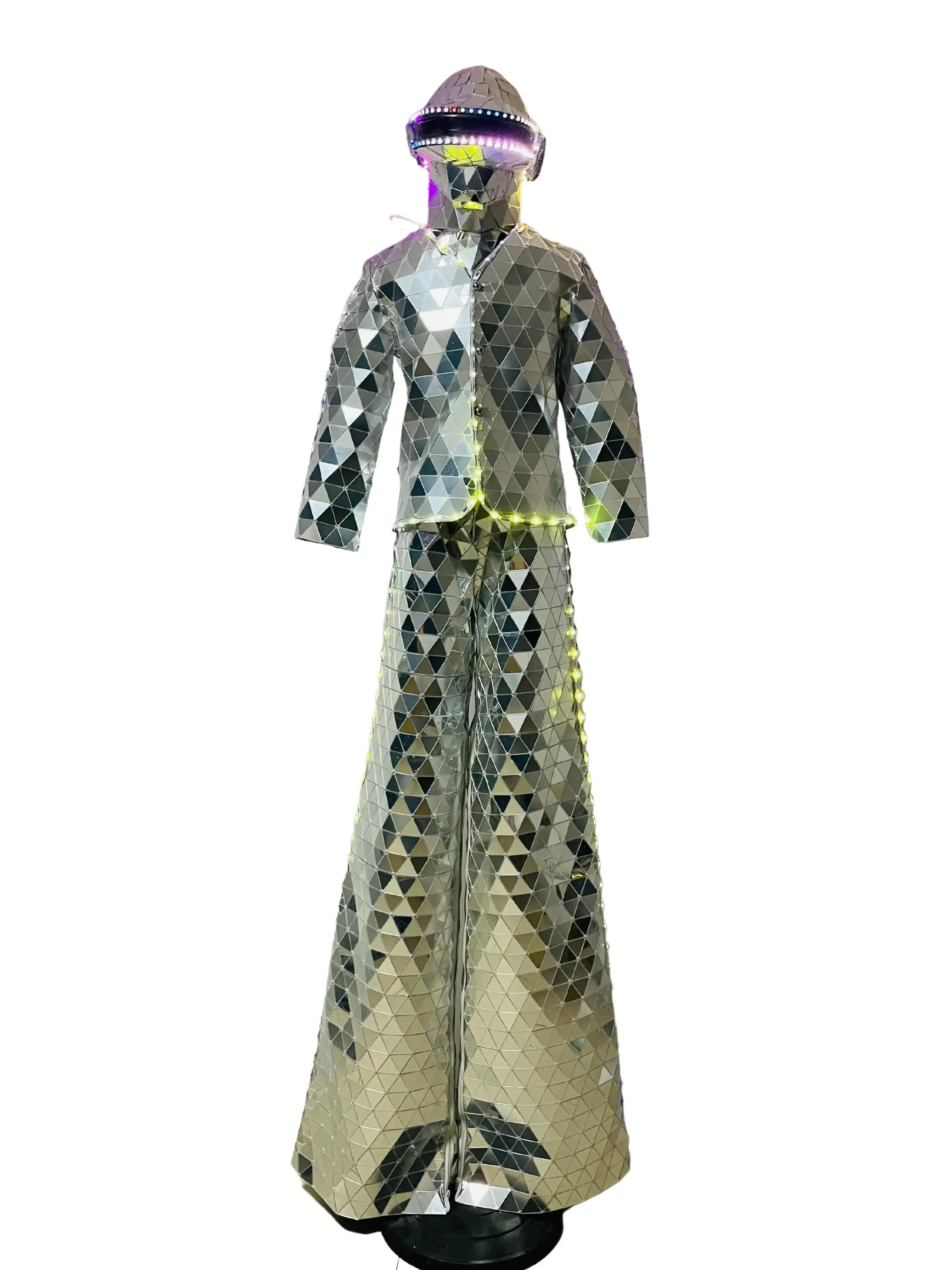 Bühnenaufführung LED Stelzen Walker Spiegel Kostüme Silber Mann Show Anzug Tanzkleidung für Party Nachtclub