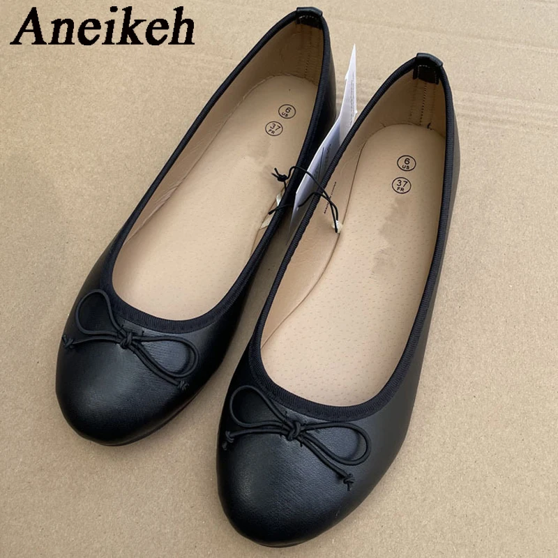 Aneikeh 2024 Summer Sweet Shallow Bow Ballet Flats Heel Ladies Loafers Shoes Fashion Slip-On Elegant Silk Ballet Mules black