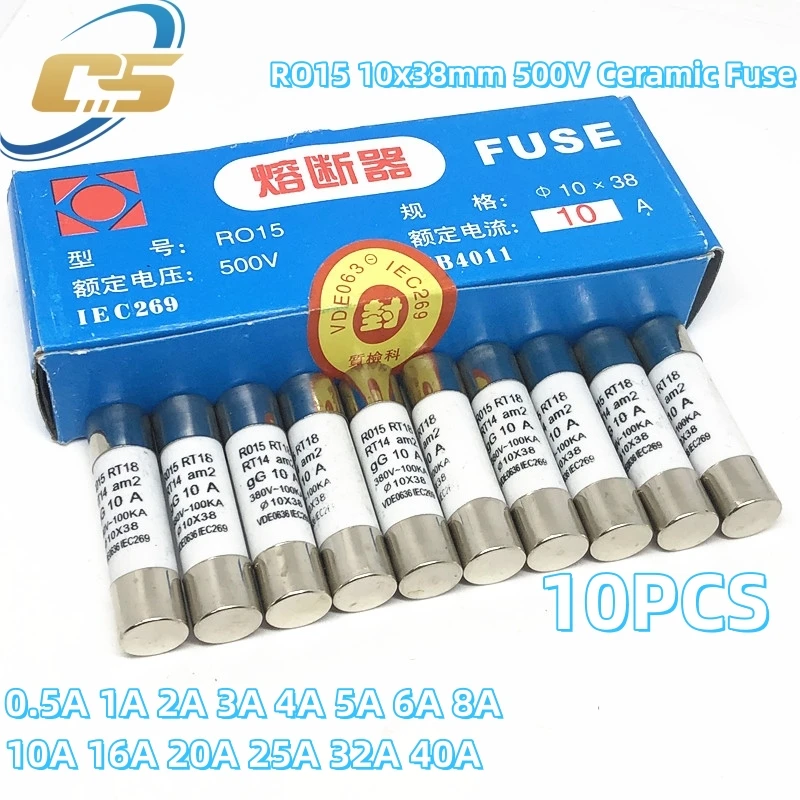 10PCS 10x38mm Ceramic Fuse 10*38mm 500V 500MA 0.5A 1A 2A 3A 4A 5A 6A 8A 10A 16A 20A 25A 32A 40A RO15 Ceramic Fuse