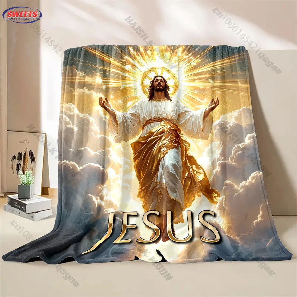 Golden Jesus Christ in Heaven Throw Blanket Soft Flannel Cozy Blanket for Christian Believers Home Decor