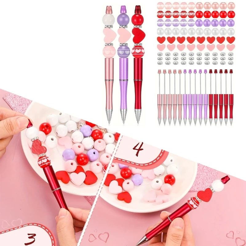 121Pcs DIY Ballpoint Pen Set with Beadable Ballpoint Pen, Round/Heart Beads, DIY Heat Transfer Pen Funny Writing Pen