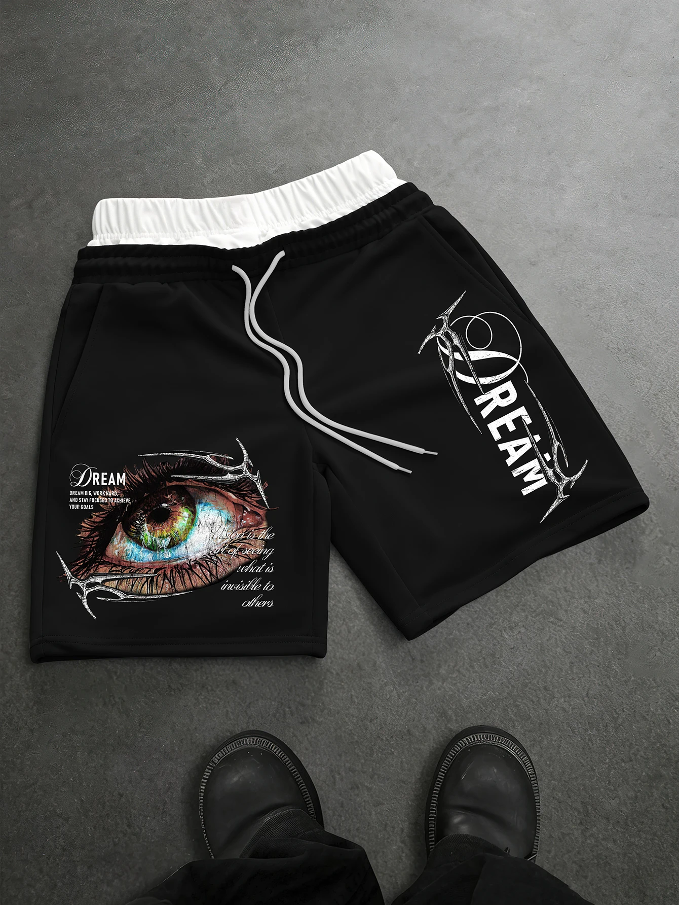 Streetwear Brand With Eye - メンズゴシックストリートウェアショーツブランドドリームアイソーンプリントポリエステルブラックダブルウエストバンドカジュアルショーツS-2XL