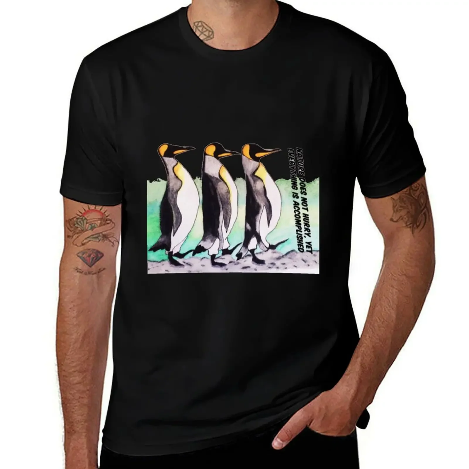 

Penquins, Nature Does Not Hurry, Yet Everything Is Accomplished T-Shirt funny meme t-shirts quick drying black t-shirts for men