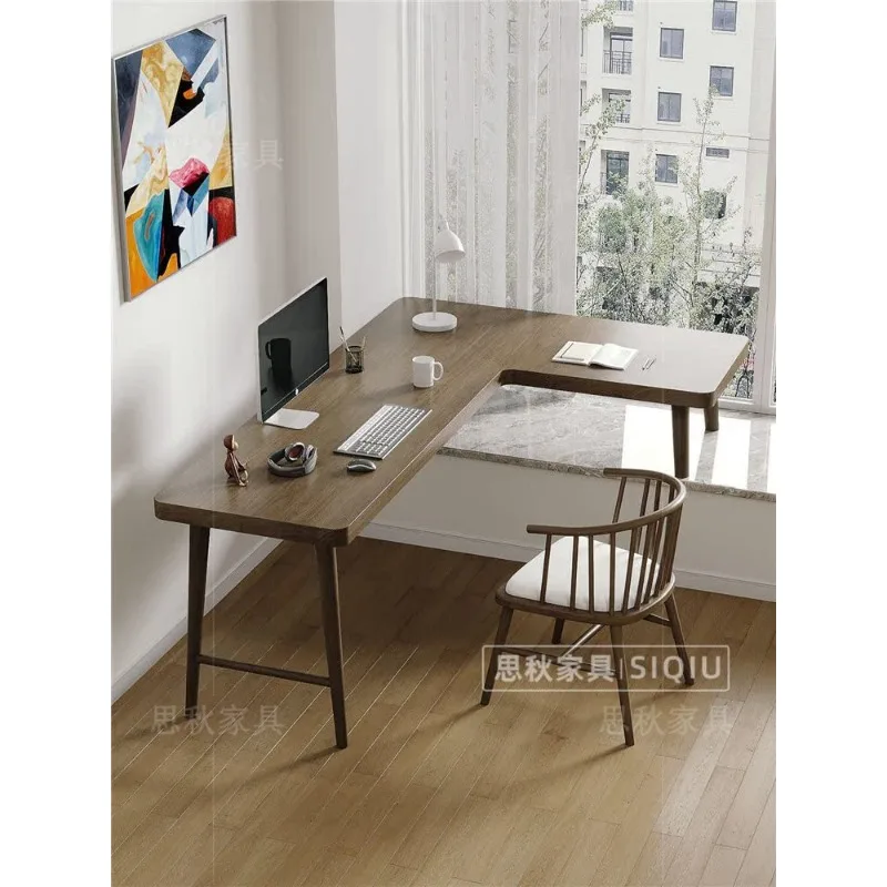 All solid wood bay window corner desk home bedroom simple high and low table long and short leg table by window L-shaped study t