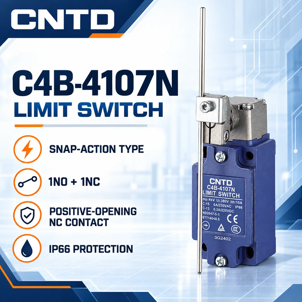 Safety Limit Switch CNTD C4B‑4107N metal housing 2NC adjustable metal rod lever contact 10A 250VAC IP66 position trigger sensor