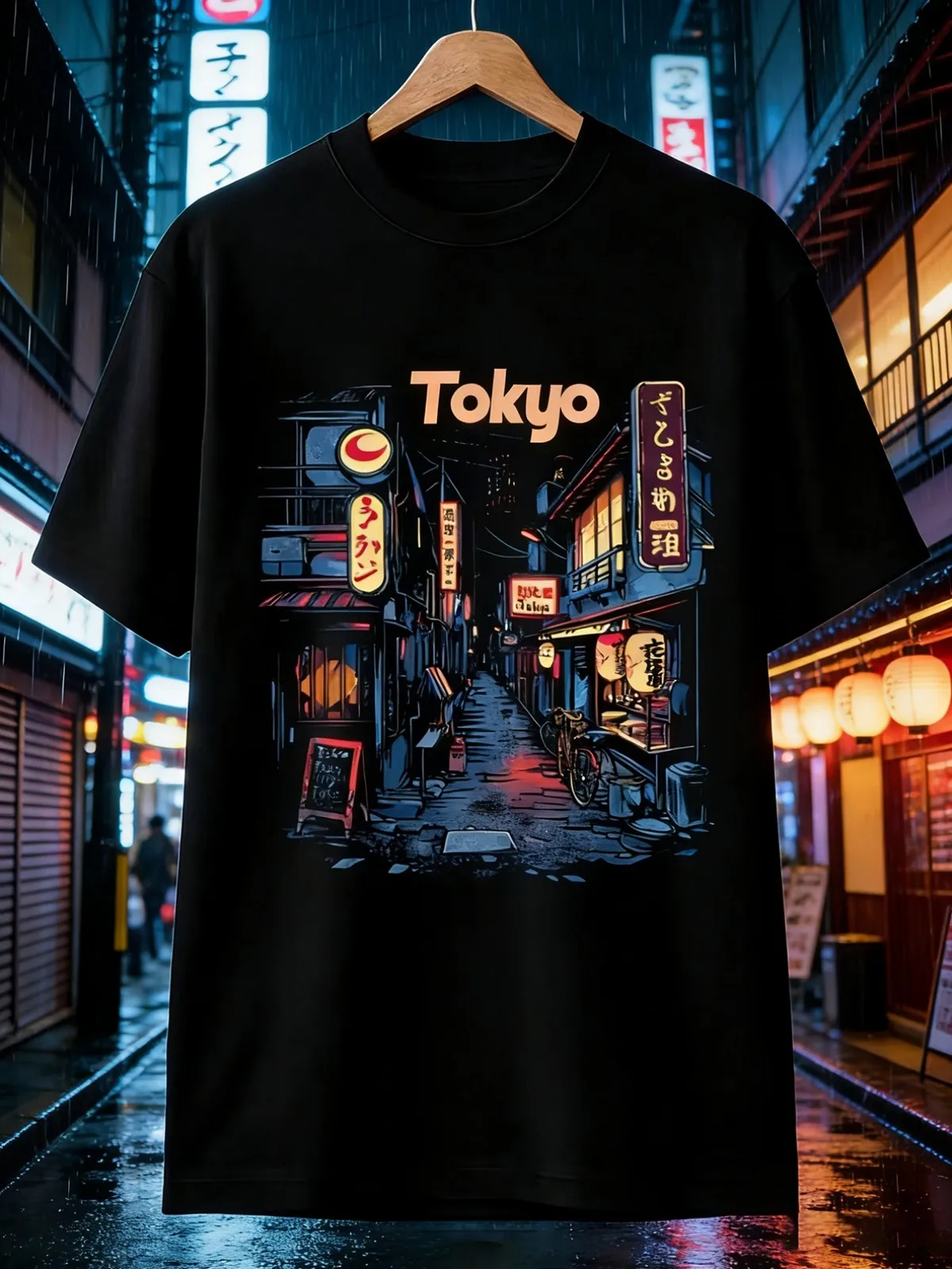 Camiseta con estampado de calle nocturna de Tokio - Camiseta estilo streetwear con paisaje urbano japonés retro