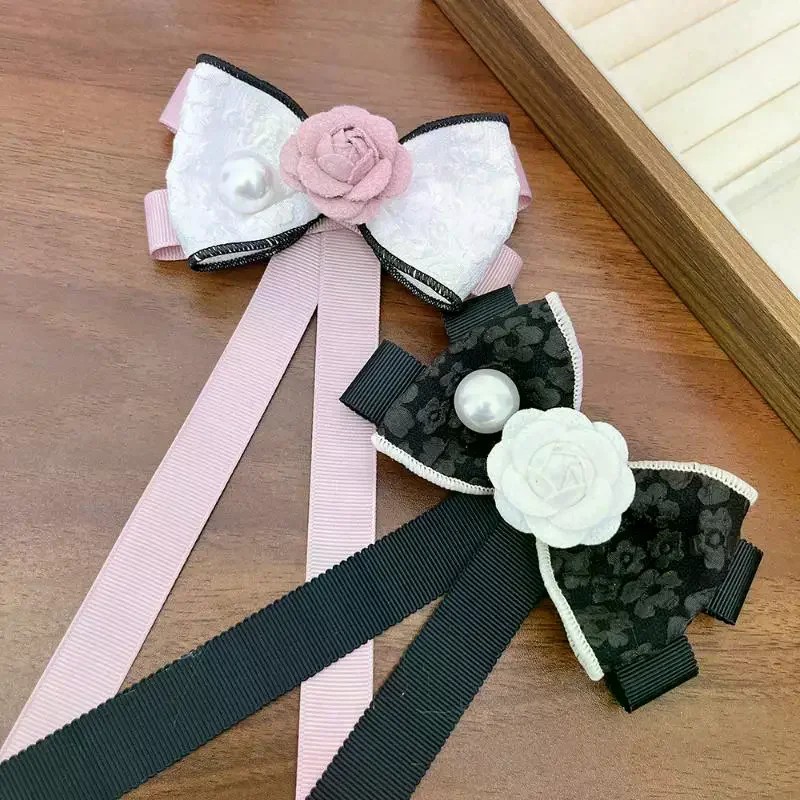 Camellia Flower Brooch Pins For Women Fabric Bow Tie JK College Style Shirt Collar Pin Elegant Jewelry Accessories