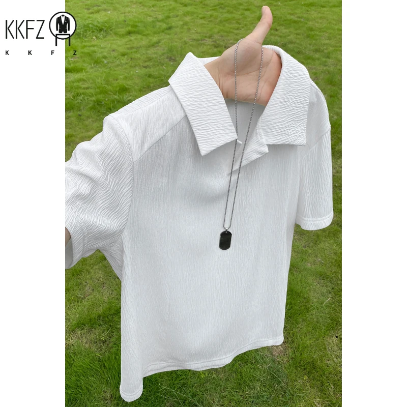 Male Loose Fit Wrinkle Textured Short Sleeve Shirt Lapel V Notch Neck Airy Fabric For Commute And Leisure Occasions