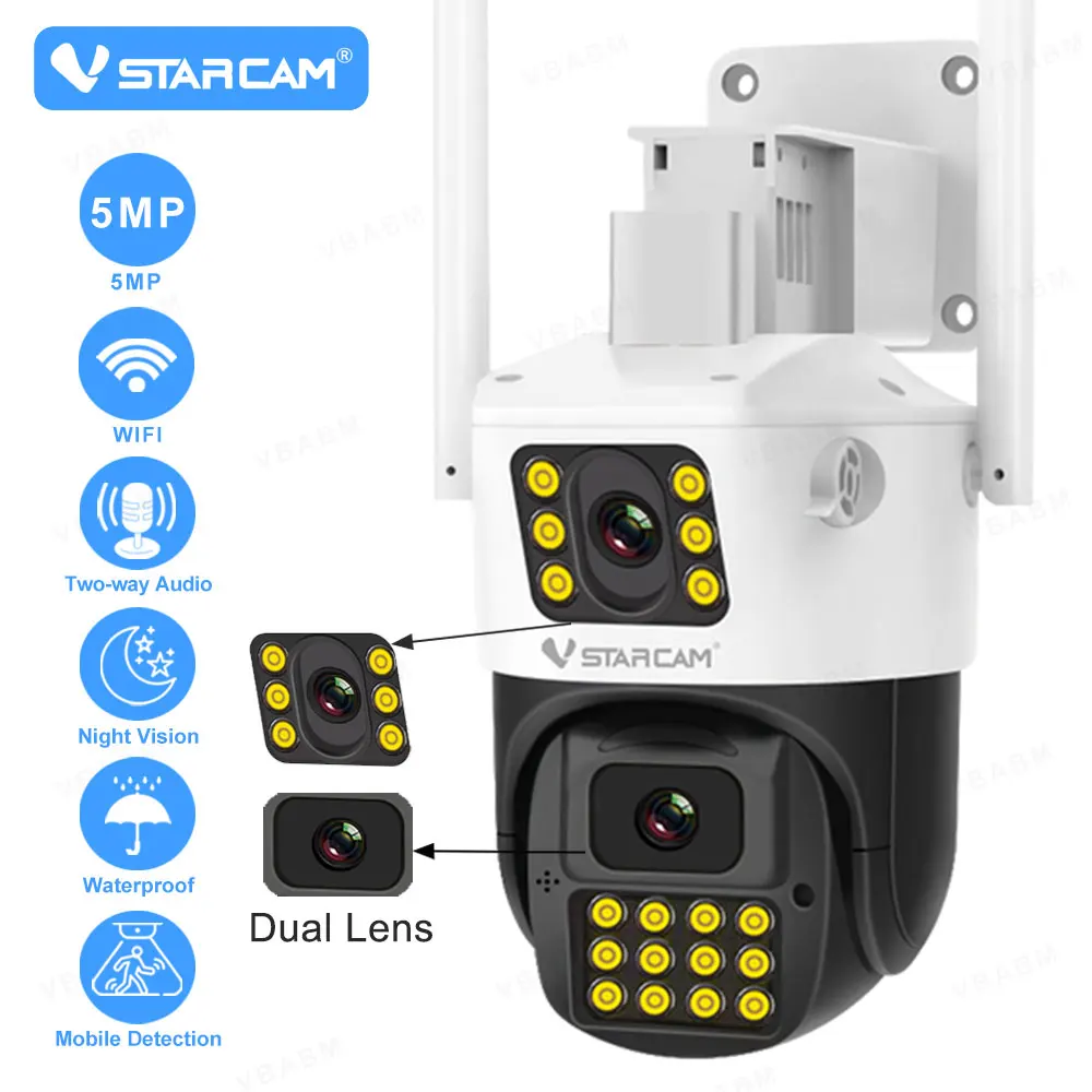 Vstarcam 5MP IP Camera Dual Lens Dual Screen Outdoor Full Color Wireless PTZ Two-way audio IP Dome Camera AI Humanoid Detection