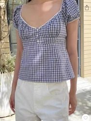 Lace Three-button Plaid Puff Sleeve Short Sleeve T-shirt Women's Summer Sweet Preppy Style Slim Shirt V-neck Short Tops Y2k