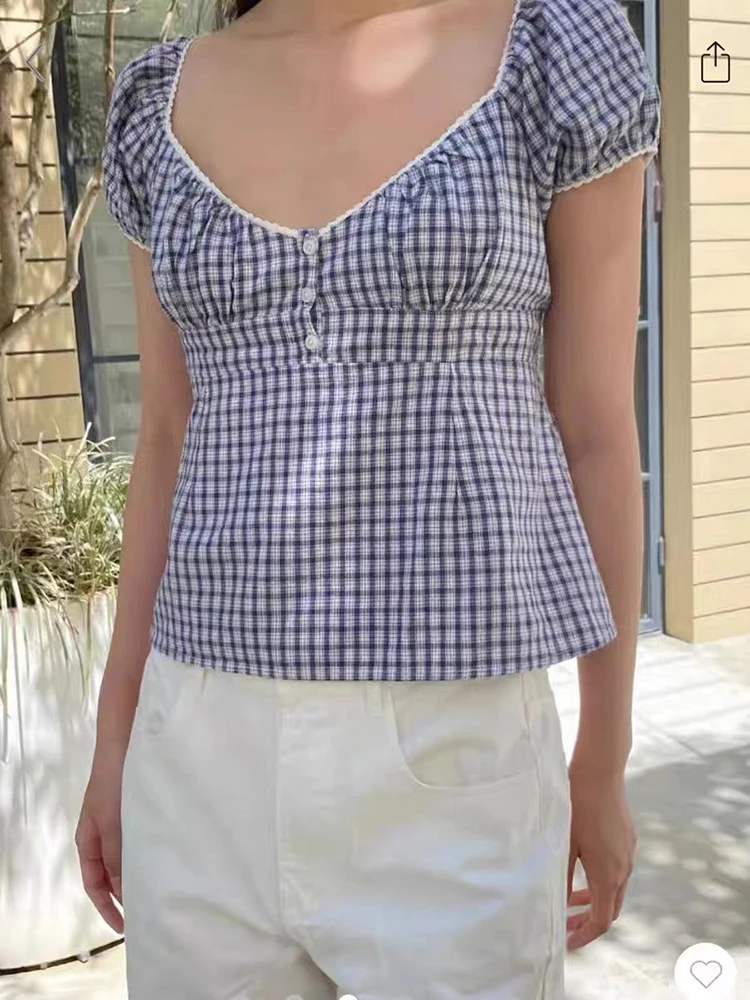 Koronkowa koszulka z trzema guzikami w kratę z bufiastym rękawem i krótkim rękawem Damska letnia słodka koszula w stylu preppy z dekoltem w szpic Krótkie topy Y2k