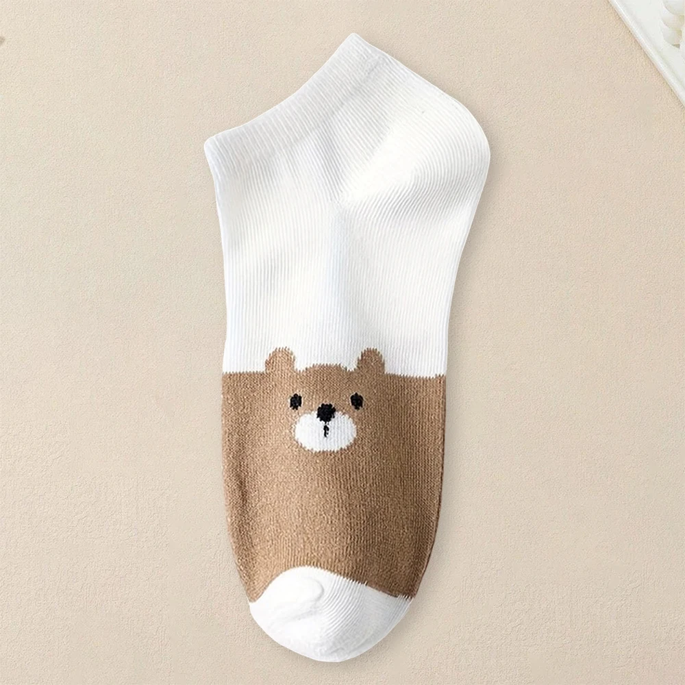 5 Pairs Women Cartoon Bear Printed Ankle Socks Cute Fashionable Versatile Socks Lightweight Comfortable Antibacterial Short Sock