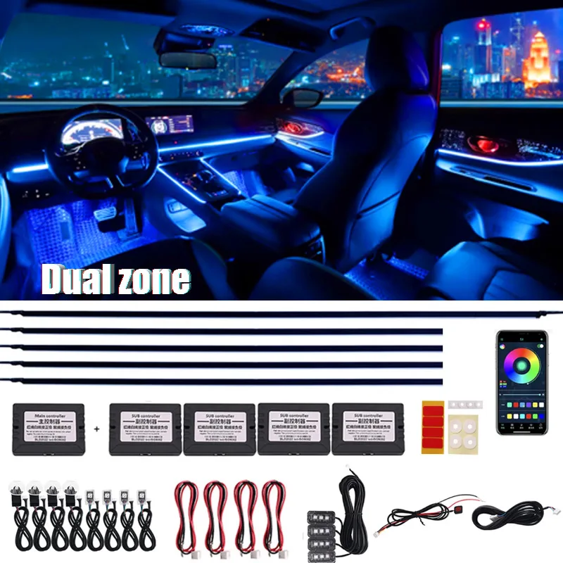 

18 in 1 Dual Zone RGB 64 Color Acrylic LED Interior Strip Atmosphere Light Double Bluetooth APP 12V Car Ambient Lighting Kit