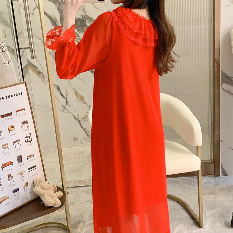 Court Princess Nightgowns Modal Spring Autumn Medium Long Pajamas Dress Lace Mesh Loungewear Nightdress Women Sleepwear 4