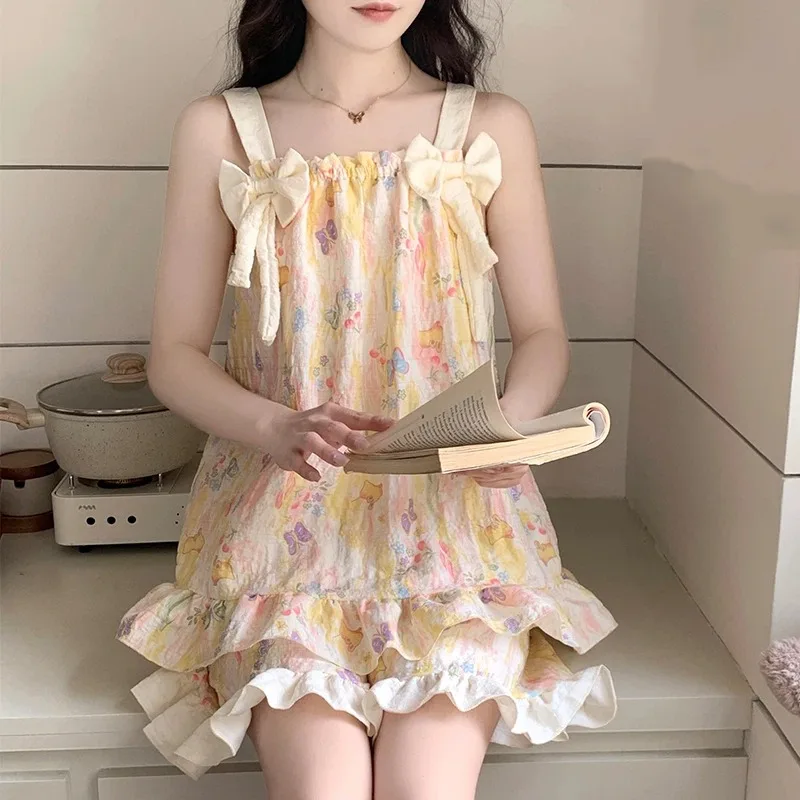 Y2K Cute Sweet Women's Pajamas Set Butterfly Print with Chest Pad Sleepwear Two-piece Bow Ruffle Shorts Soft Summer Pajamas Suit