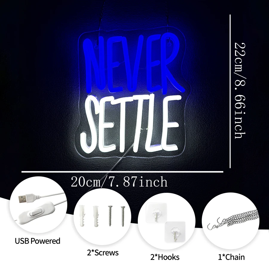 Multi‑Color NEVER SETTLE Neon Sign, Inspirational Slogan USB LED Wall Sign, Perfect for Bedroom, Studio, Office Wall Decoration
