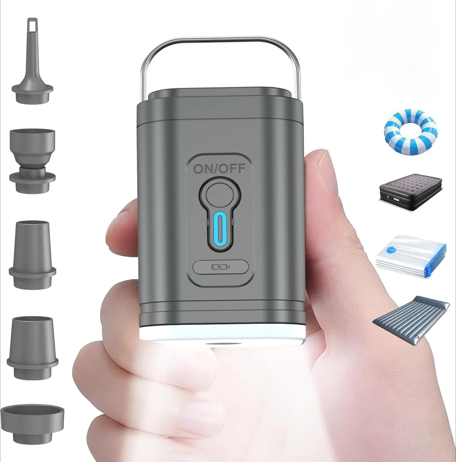 Portable Air Pump for Inflatables, Tiny Electric Inflator Deflator with Camping Light for Air Mattress, Pool Floats, Bags