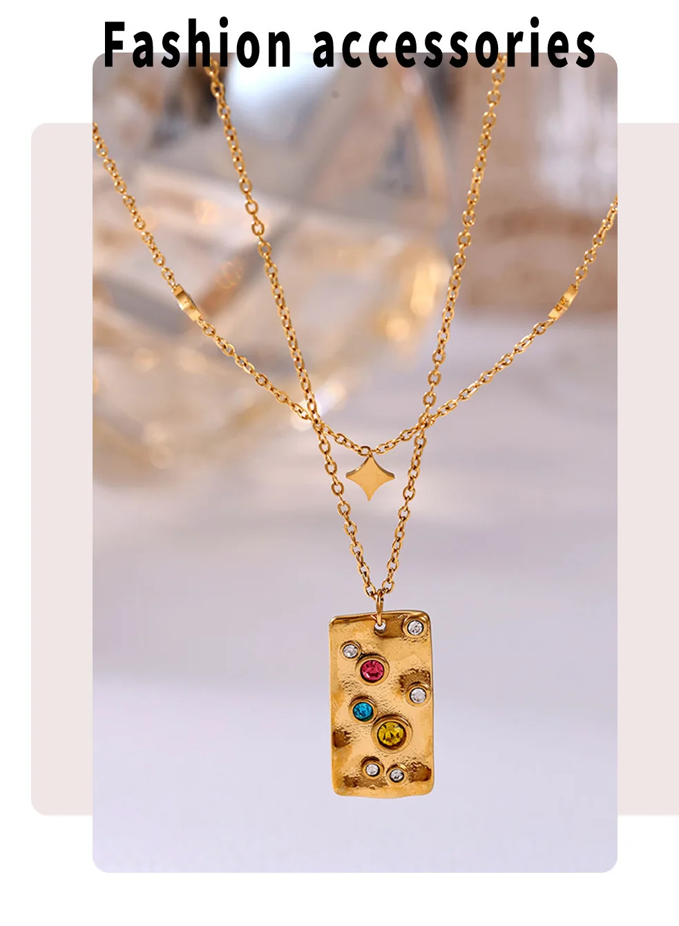 Edelstahl-Halskette für Frauen, quadratischer Anhänger, Zirkon eingelegtes Schlüsselbein, wasserdichte Kette, luxuriöser Charme, Modeschmuck, Geschenk – Detail 8