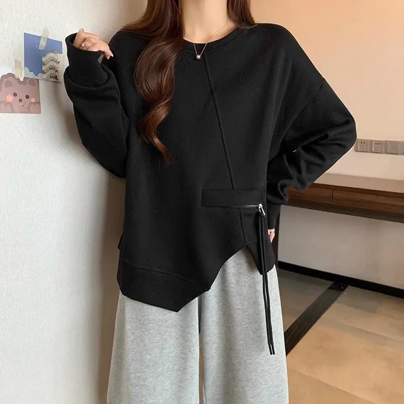 Women's Clothing Korean Irregular Pullovers Solid Color Basic Spring Autumn Chic Asymmetrical Spliced Casual Loose Sweatshirts