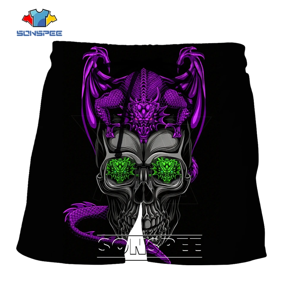 SONSPEE 3D Printed Purple Evil Dragon Harajuku Sports Shorts Men Women's Metal Skull Oversized Elastic Breathable Short Pants