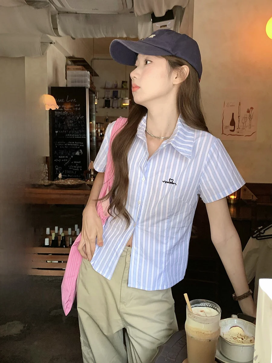 

Holli Korean Retro Slim Fit ort Sve Ne Embroidered Striped irt High Waist Versatile Women's Summer Faion Top