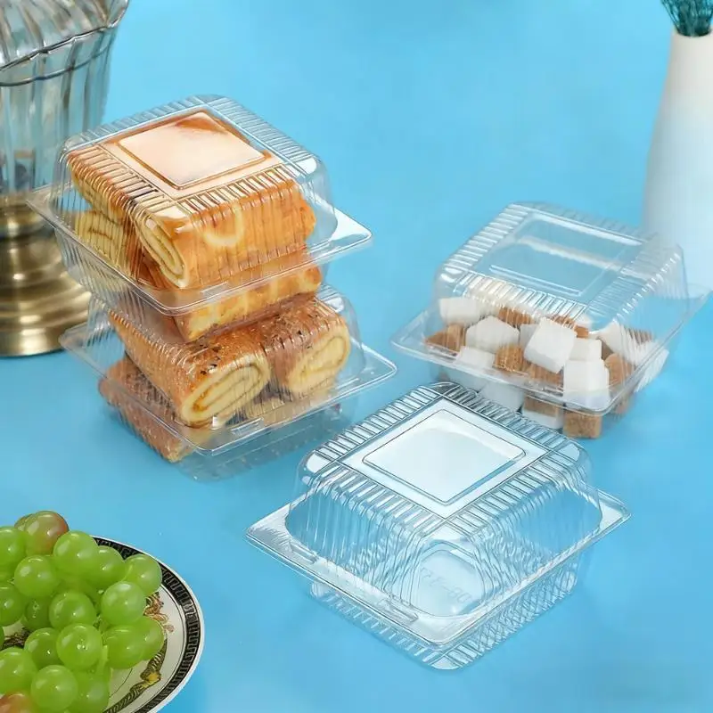 100pcs Disposable Clear Clamshell Food Container Square Round Box For Cakes Burgers Pastry