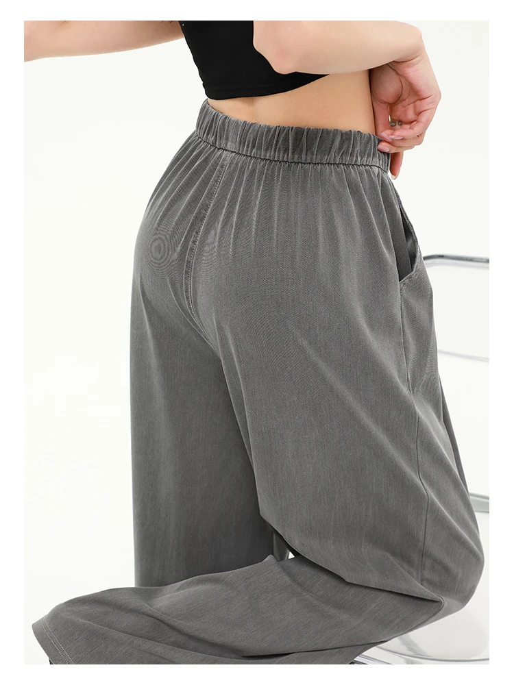 Damen-Jeans mit geradem Bein, Hose aus Lyocell-Stoff mit elastischem Bund, locker geschnittene Hose, schmal geschnittene, weit geschnittene Hose für den Alltag. – Detail 16