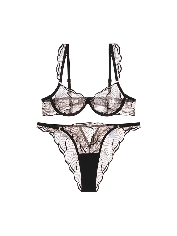 KUCLUT Full Bust Sheer Lace Bra Set - Ultra Thin Push Up Minimizer Lingerie, Transparent See Through Mesh Bra & Thong, Sexy bra 2