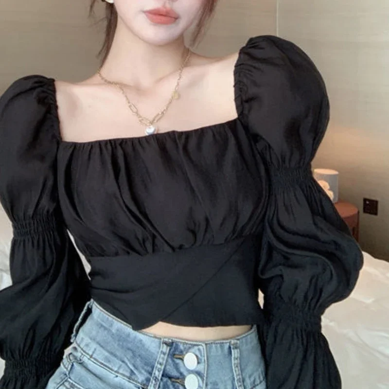 Blouse Women Sweet Pink Elegant Chic Korean Style Puff Sleeve Autumn Square Collar Crop Sexy Bandage Slim Feminine Holiday Girls