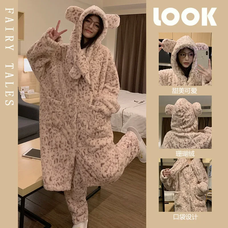 Plus Size Leopard Winter Hooded Robe Pajamas Set Women Plush Soft Home Suit Coral Pjs Long Sleeve Thick Warm Flannel Loungewear