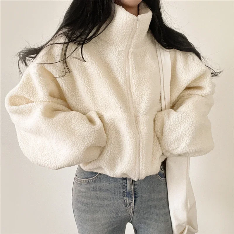 

2024 Winter Women Sheepskin Coat Thickened Fleece Loose Open Shirt Zipper Stand Collar Outdoor Top Trendy