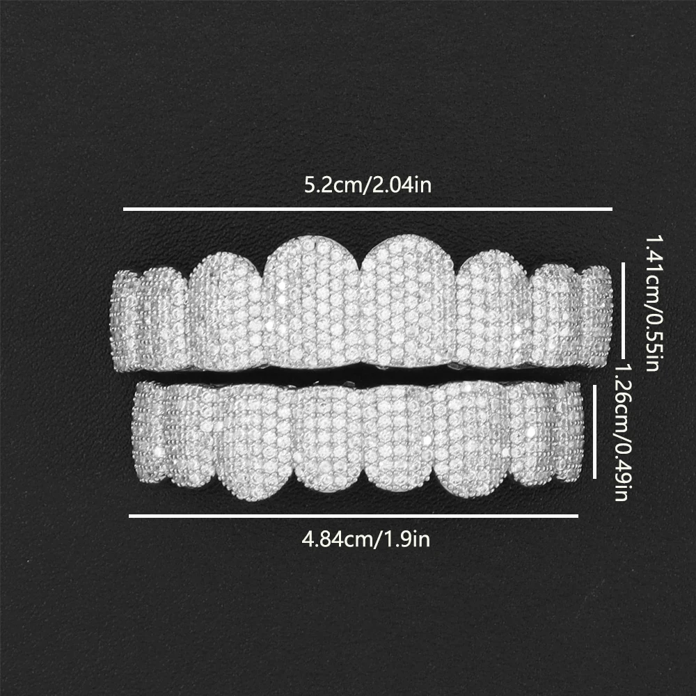 Silver Plated Full Iced Out CZ Zircon Teeth Grillz Top & Bottom Hip Hop Mouth Grills with Silicone Molds for Rapper Cosplay view 3