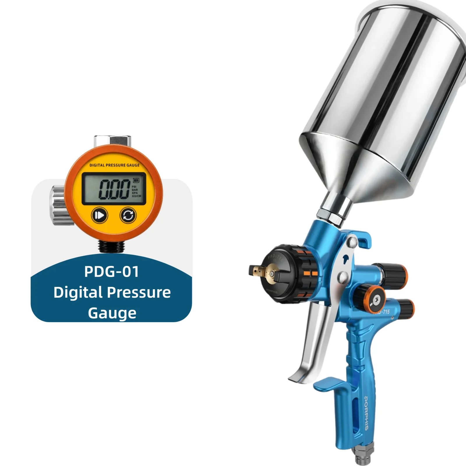 PORPHIS PRD-715 MP Paint Gun with PDG-01 Digital Air Flow Valve Automotive Paint Gun for Base Coat Clear Coat Refinish Spray GUN
