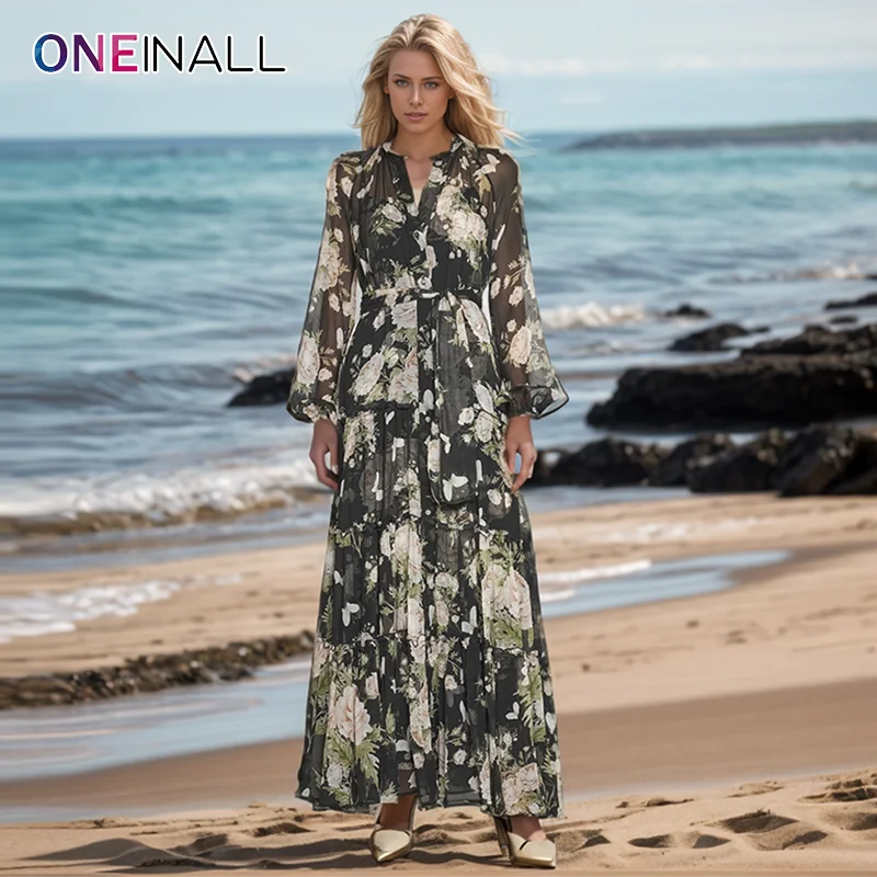 

ONEINALL Floral Print Spliced Lace Up Dresses For Women Stand Collar Lantern Sleeve High Waist Elegant Maxi Dress Female Autumn