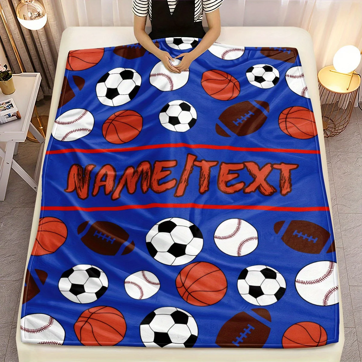 Custom Sports Fleece Blanket Personalized Name Basketball Football Baseball Print Throw Soft Warm All Season Bedding Gift