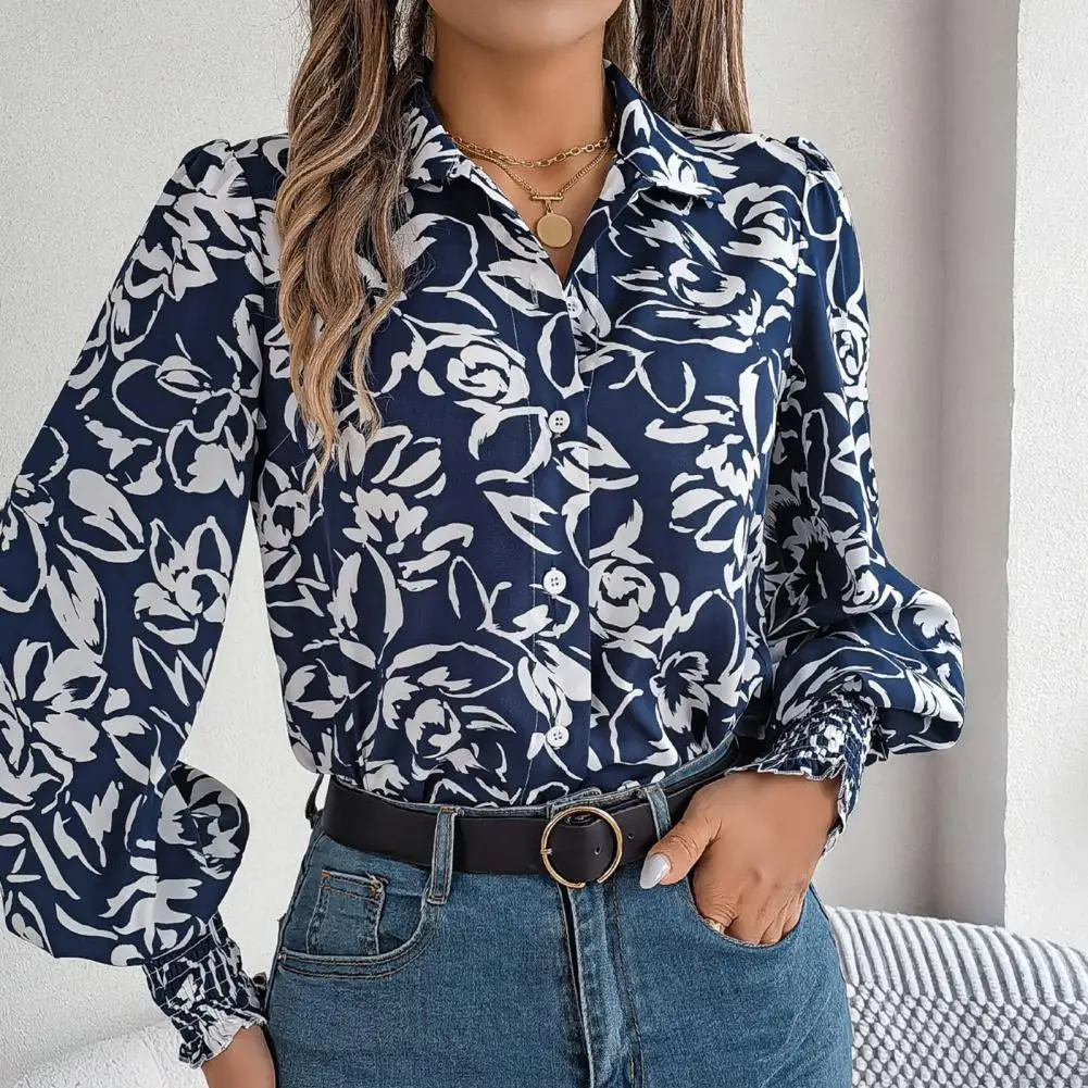 Damen Freizeit hemd Revers Laterne Ärmel Damen hemd mit Blumenmuster lässig einreihig Top für Streetwear-Stil