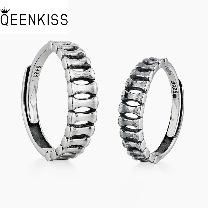 

QEENKISS RG6743 Fine Jewelry Wholesale Fashion Couple Lovers Birthday Wedding Gift Retro Round 925 Sterling Silver Open Ring